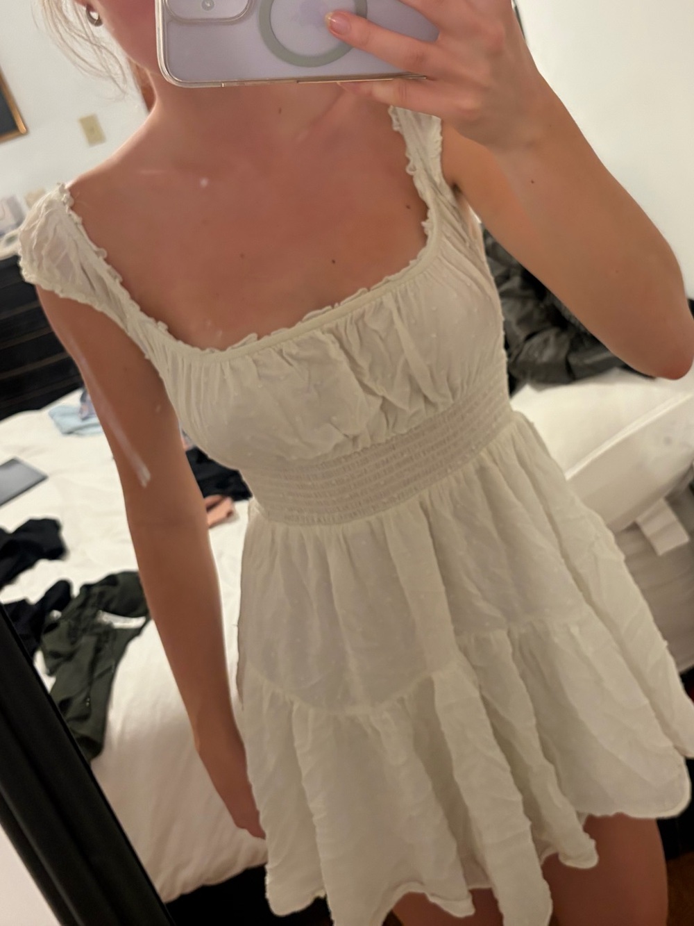 Aeropostale White Smocked Tiered Mini Dress with Ruffle Straps